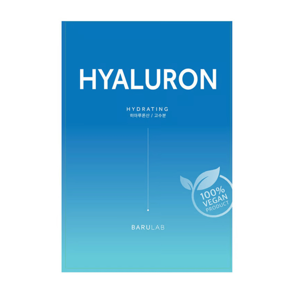 Pakkaus BARULAB "HYALURON Hydrating" -naamiota, merkittynä "100% Vegan Product". Pakkauksessa on värigradientti tummansinisestä ylhäällä vaaleansiniseen alhaalla.