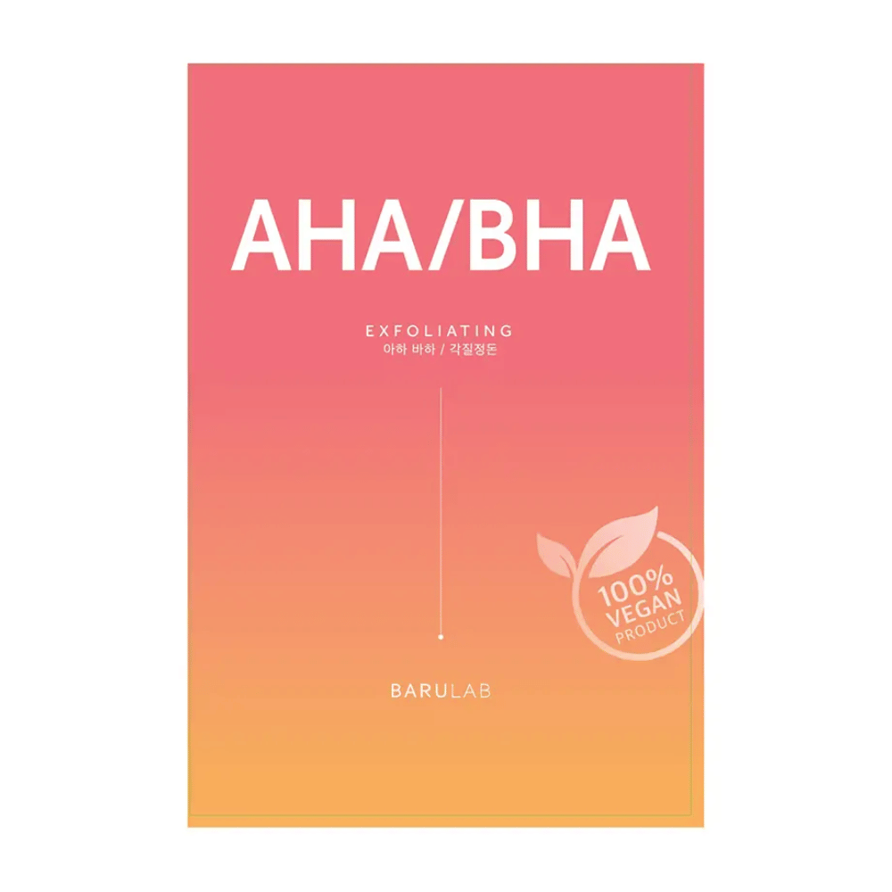 BARULAB-tuotepakkaus "AHA/BHA Exfoliating" -naamiolle, merkitty "100% Vegan Product". Pakkaus vaihtaa väriä punaisesta keltaiseen.