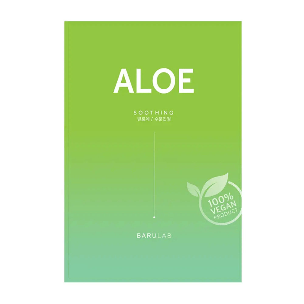 Pakkaus BARULAB-tuotteesta "Aloe Soothing" maski, joka on myös merkitty "100% Vegan Product". Pakkaus on yhtenäisen vaaleanvihreä väriltään.