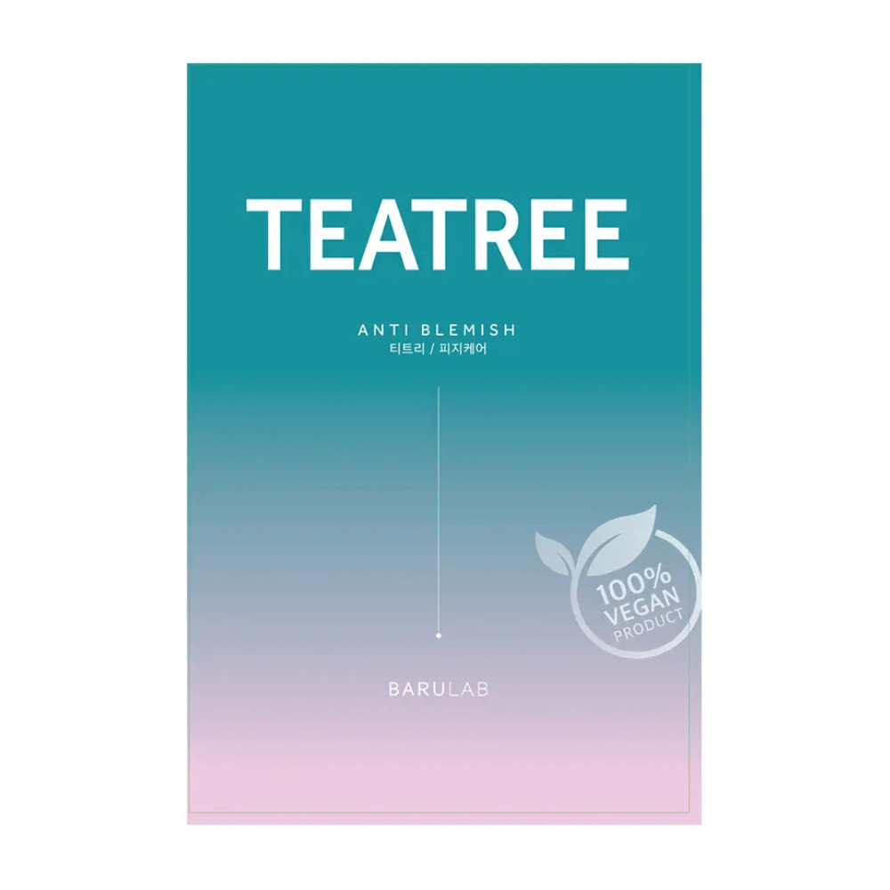 Pakkaus BARULAB "TEATREE Anti Blemish" -naamiosta, merkitty "100% Vegan Product". Pakkauksessa on värigradientti turkoosista ylhäällä vaaleanpunaiseen alhaalla.