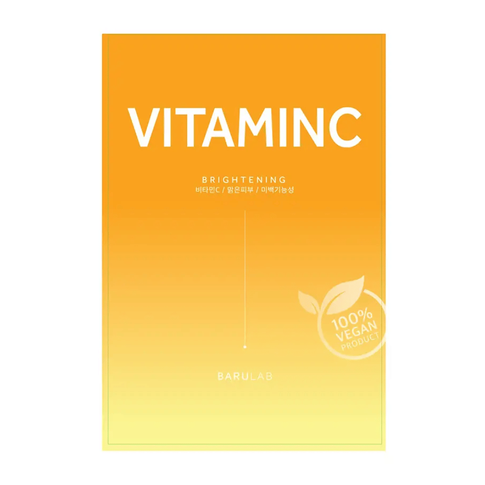 Pakkaus BARULAB "VITAMINC Brightening" -naamiosta, merkitty "100% Vegan Product". Pakkauksessa on värigradientti oranssista ylhäällä vaaleankeltaiseen alhaalla.