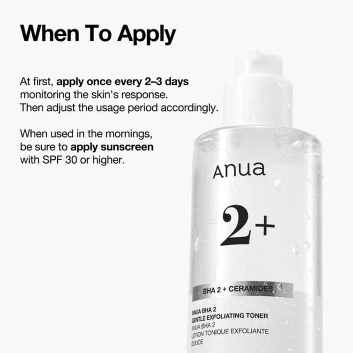 Anua BHA 2% Gentle Exfoliating Toner keramideilla – käyttöohje, kuoriva toner herkälle iholle BHA:lla (salisyylihappo)