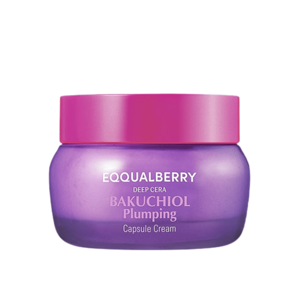 Tuotekuva EQQUALBERRY Bakuchiol Plumping Capsule Cream purppuraisessa purkissa vaaleanpunaisella kannella – intensiivinen kosteutus ja ikääntymistä estävä vaikutus.