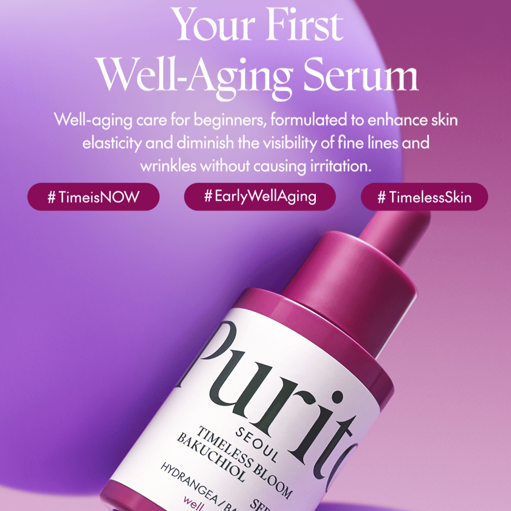 Purito Timeless Bloom Bakuchiol Serum on ensimmäinen johdatus well-aging-hoitoon. Täydellinen aloittelijoille, parantaa ihon kimmoisuutta ja vähentää hienojen juonteiden näkyvyyttä ilman ärsytystä. Koe ajaton kauneus miedolla ja tehokkaalla koostumuksella.
