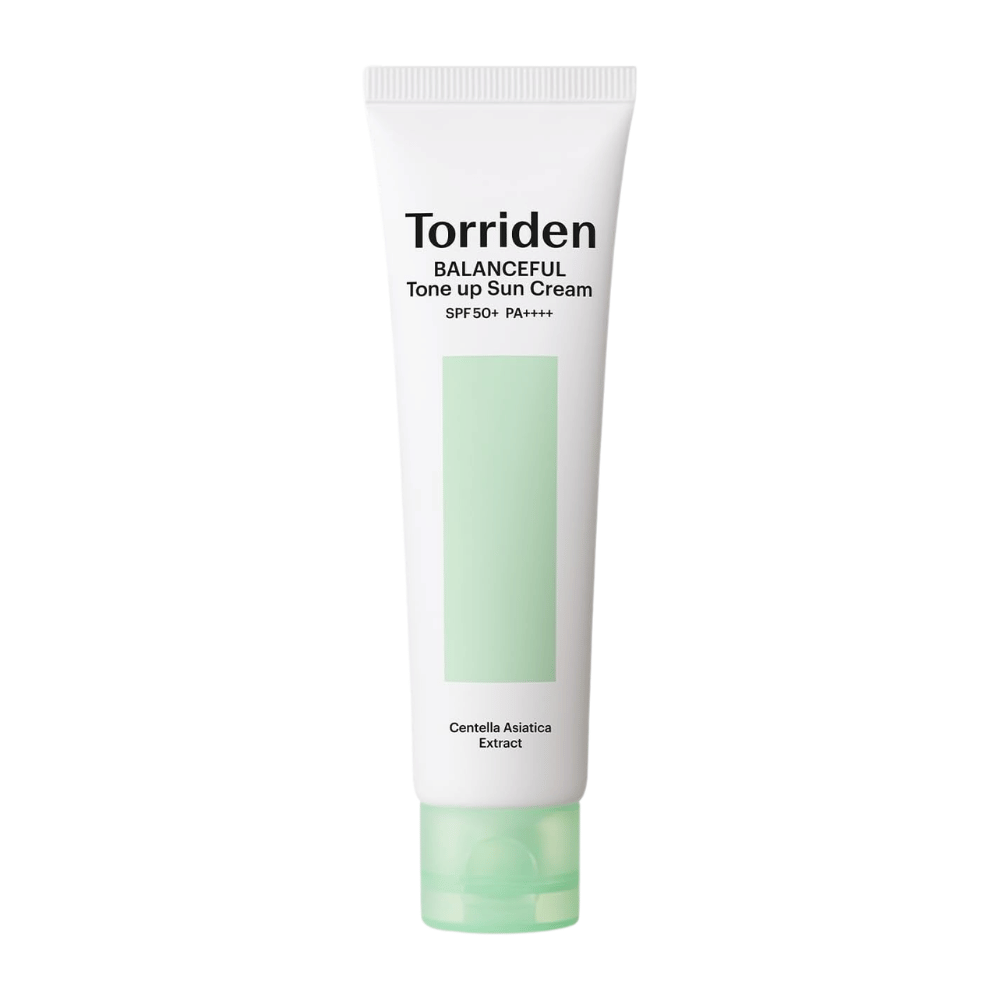 Torriden Balanceful Tone Up Sun Cream SPF50+ PA++++ tuotekuva valkoisella taustalla, sisältää Centella Asiaticaa rauhoittavaan hoitoon ja päivittäiseen UV-suojaukseen.