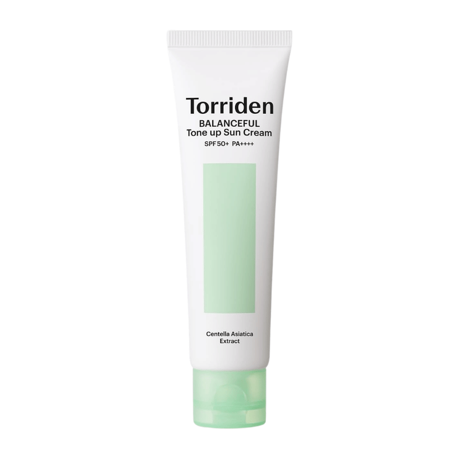 Torriden Balanceful Tone Up Sun Cream SPF50+ PA++++ tuotekuva valkoisella taustalla, sisältää Centella Asiaticaa rauhoittavaan hoitoon ja päivittäiseen UV-suojaukseen.