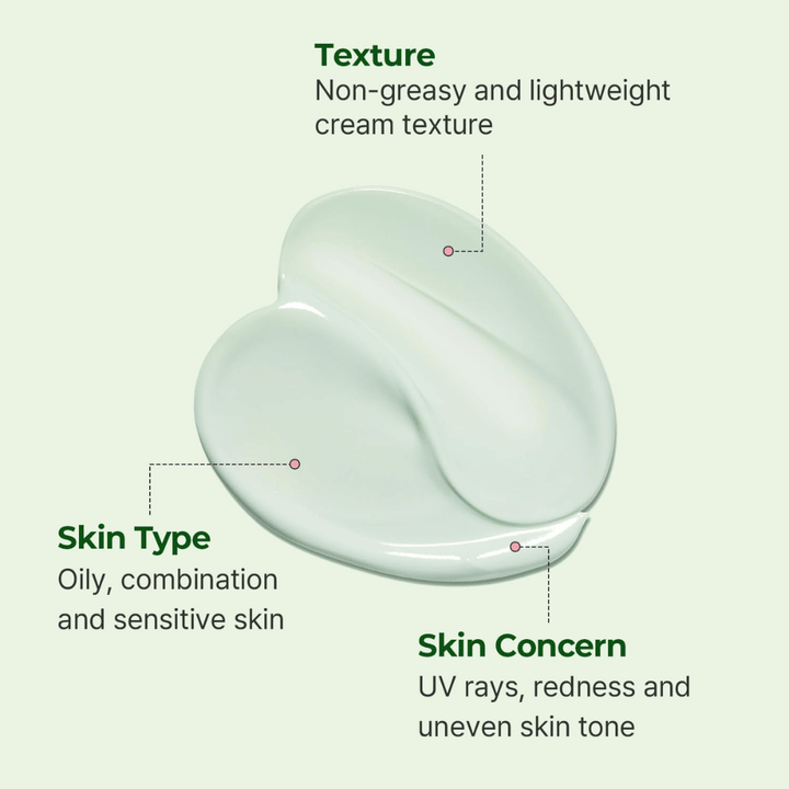 Lähikuva Torriden Balanceful Tone Up Sun Creamin vaaleanvihreästä voidetekstuurista, joka on kevyt, kosteuttava ja sopii rasvaiselle, sekaiholle ja herkälle iholle.