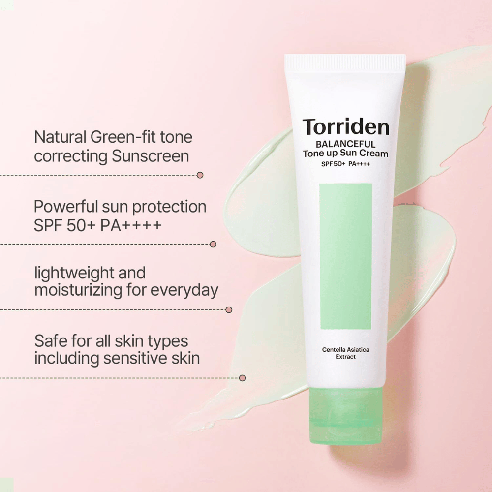 Torriden Balanceful Tone Up Sun Cream SPF50+ PA++++ vihreällä väriä korjaavalla tone-up-vaikutuksella, joka auttaa tasoittamaan punoitusta ja antamaan luonnollista hehkua.