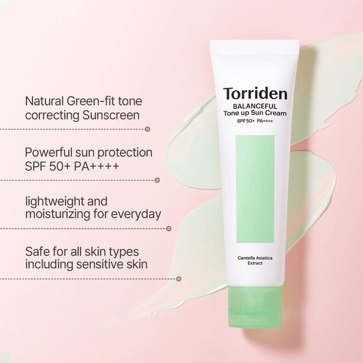 Torriden Balanceful Tone Up Sun Cream SPF50+ PA++++ vihreällä väriä korjaavalla tone-up-vaikutuksella, joka auttaa tasoittamaan punoitusta ja antamaan luonnollista hehkua.