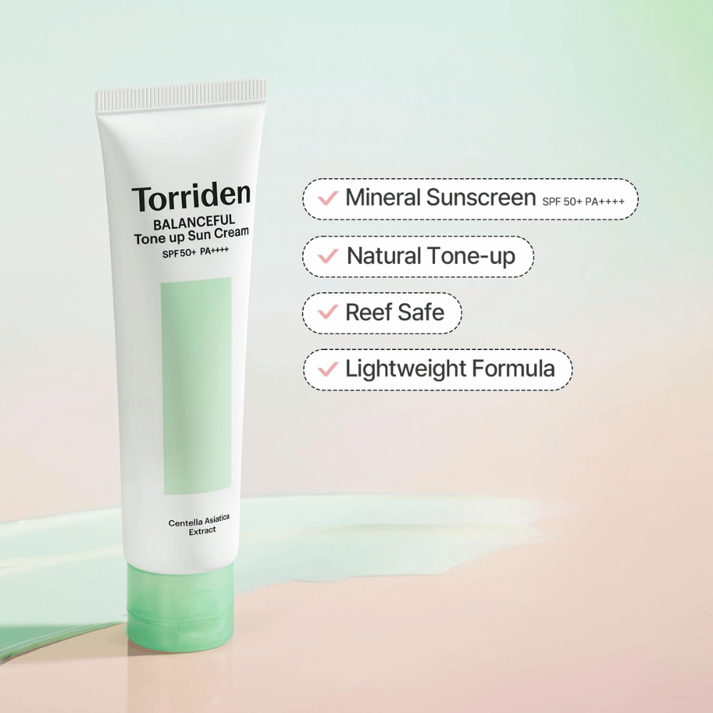 Torriden Balanceful Tone Up Sun Cream SPF50+ PA++++ esiteltynä keskittyen mineraalipohjaiseen aurinkosuojaan, luonnolliseen tone-up-vaikutukseen, reef safe -koostumukseen ja kevyeen tekstuuriin.