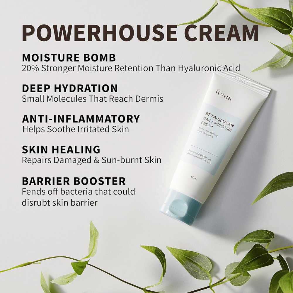 Tuotekuva, joka keskittyy iUNIK Beta-Glucan Daily Moisture Cream -tuotteen tärkeimpiin hyötyihin. Kuvassa korostuvat intensiivinen kosteutus, syvävaikutteinen kosteutus, rauhoittavat ominaisuudet, tuki ihon suojamuurille sekä kuivan tai ärtyneen ihon hoito.