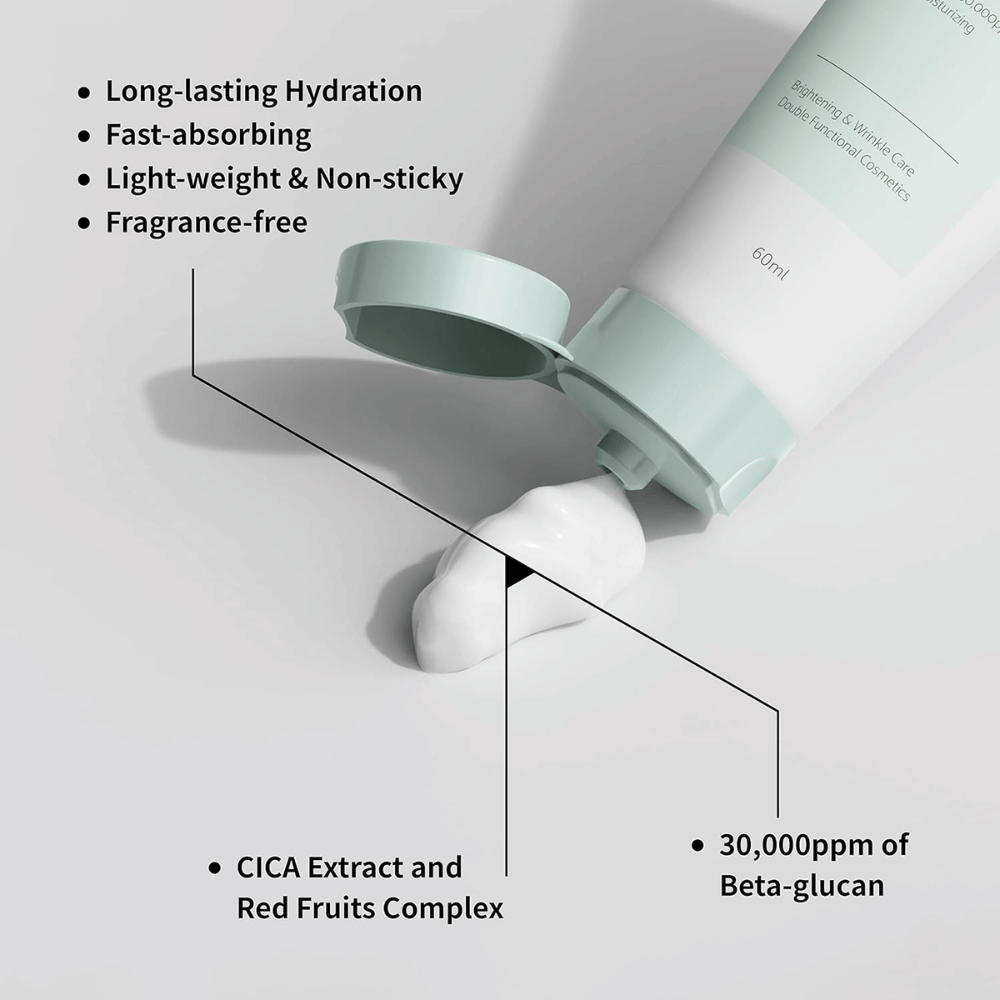 Lähikuva tuotteesta iUNIK Beta-Glucan Daily Moisture Cream, jossa voidetta puristetaan ulos tuubista. Kuva korostaa tuotteen kevyttä koostumusta ja tärkeitä ominaisuuksia, kuten pitkäkestoista kosteutusta, nopeaa imeytymistä, tahmaamatonta tuntumaa, hajusteetonta koostumusta, beetaglukaania sekä rauhoittavia ainesosia, kuten CICA-uutetta.