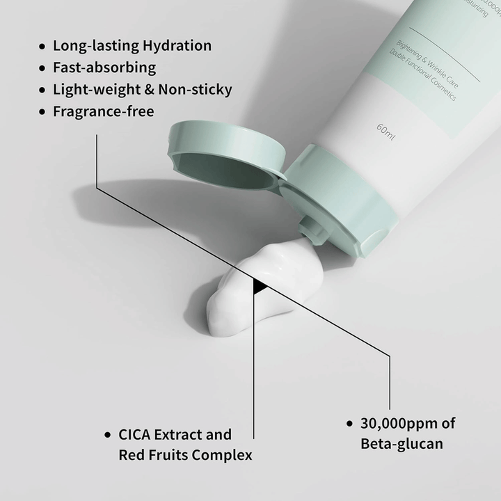 Lähikuva tuotteesta iUNIK Beta-Glucan Daily Moisture Cream, jossa voidetta puristetaan ulos tuubista. Kuva korostaa tuotteen kevyttä koostumusta ja tärkeitä ominaisuuksia, kuten pitkäkestoista kosteutusta, nopeaa imeytymistä, tahmaamatonta tuntumaa, hajusteetonta koostumusta, beetaglukaania sekä rauhoittavia ainesosia, kuten CICA-uutetta.