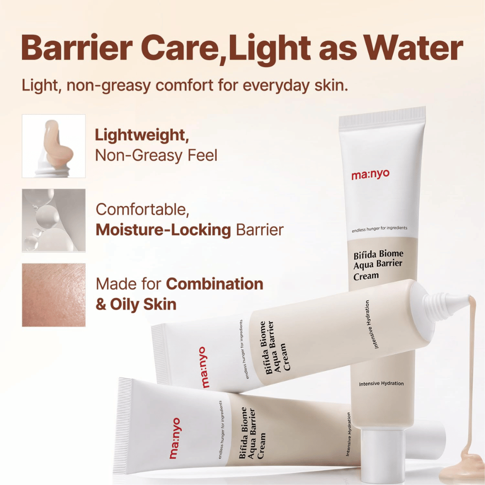 3. Ma:nyo Bifida Biome Aqua Barrier Cream – kosteuttava suojamuurivoide kevyellä koostumuksella rasvaiselle ja sekaiholle