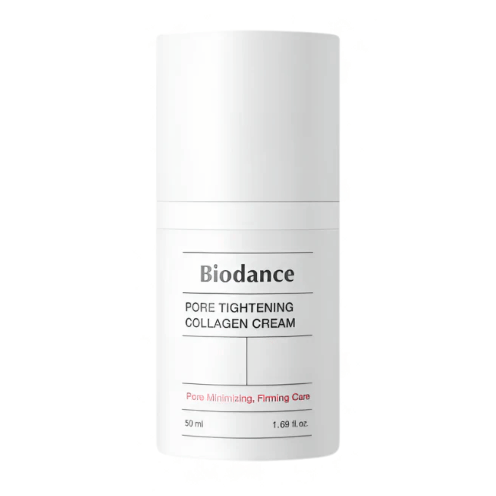Biodance Pore Tightening Collagen Cream yksinkertaisessa valkoisessa pakkauksessa minimalistisella muotoilulla, 50 ml.