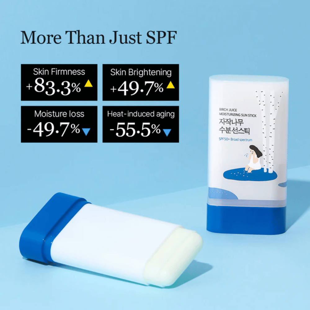 ROUND LAB Birch Juice Sun Stick SPF50+ esitetään tuloksilla, jotka osoittavat parantunutta ihon kimmoisuutta ja vähentynyttä kosteuden haihtumista