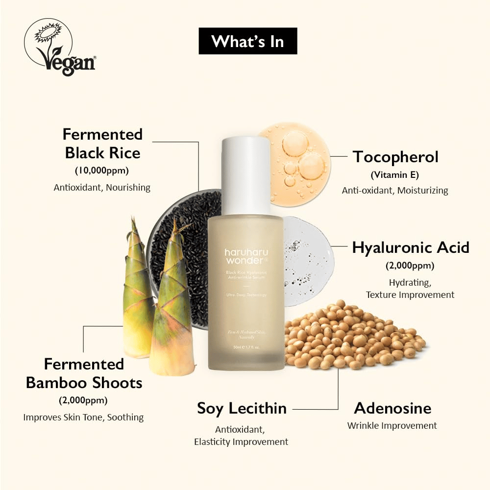 Haruharu Wonder Black Rice Hyaluronic Anti-Wrinkle Serum fermentoidulla mustalla riisillä, hyaluronihapolla ja E-vitamiinilla