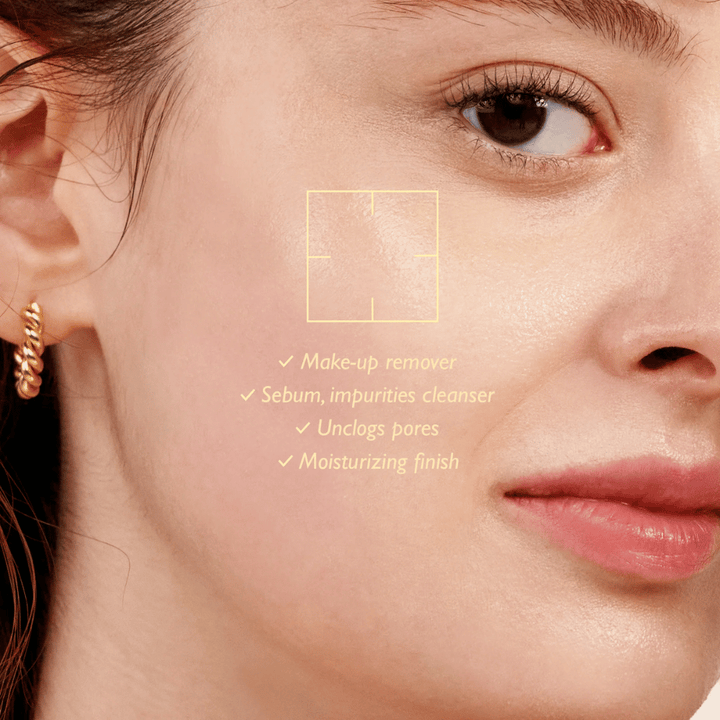 Haruharu Wonder Black Rice Moisture Cleansing Oil ennen ja jälkeen puhdistuksen – liuottaa meikkiä, talia ja epäpuhtauksia sekä antaa kosteutetun lopputuloksen ilman huokosten tukkeutumista.