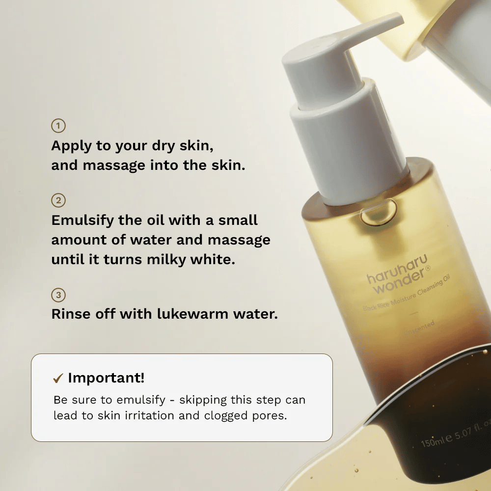 Haruharu Wonder Black Rice Moisture Cleansing Oil käyttöopas – öljypuhdistus, joka hierotaan kuivalle iholle, emulgoidaan vedellä ja huuhdellaan pois tehokasta meikinpoistoa varten.
