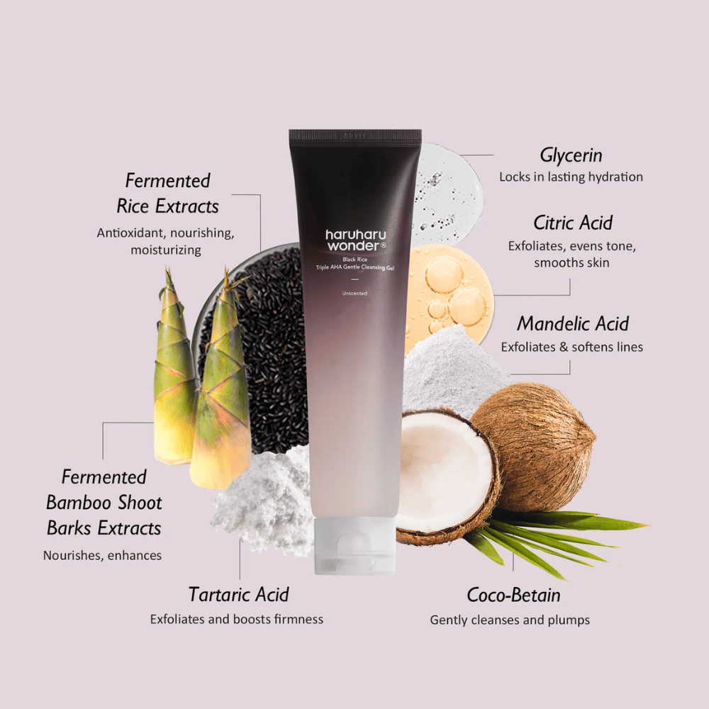 Haruharu Wonder Black Rice Triple AHA Gentle Cleansing Gel AHA:lla, mustalla riisillä, glyseriinillä ja fermentoidulla bambu-uutteella