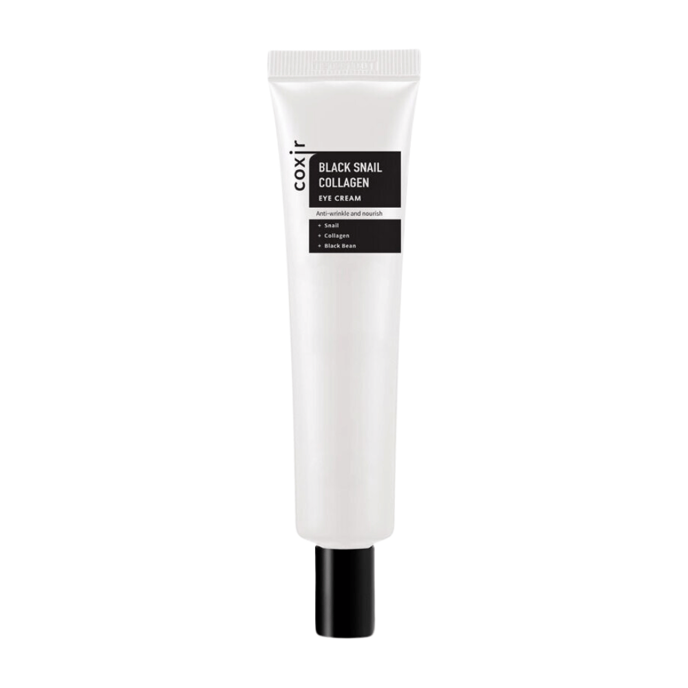 Kuva näyttää putkilon "Black Snail Collagen Eye Cream", silmänympärysvoiteen, joka korostaa ainesosia kuten etanauutetta, kollageenia ja mustaa papua. Nämä ainesosat tunnetaan ryppyjä ehkäisevistä ja ravitsevista ominaisuuksistaan. Tuote on suunniteltu kosteuttamaan ja hoitamaan herkkää ihoa silmien ympärillä.