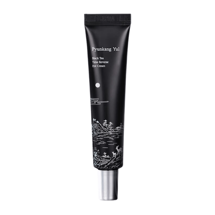 Pyunkang Yul Black Tea Time Reverse Eye Cream 25 ml mustassa tuubissa fermentoidulla mustalla teellä, peptideillä ja kosteuttavilla ainesosilla silmänympärysalueelle.