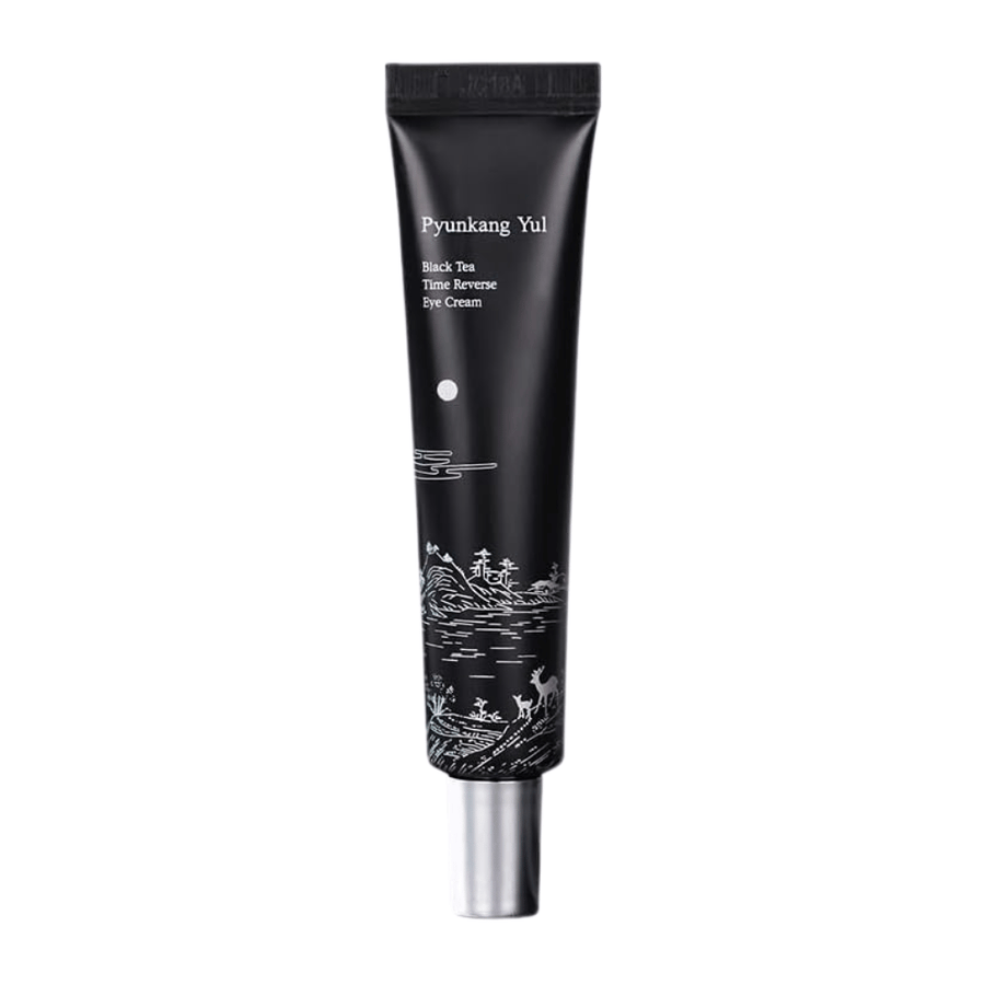 Pyunkang Yul Black Tea Time Reverse Eye Cream 25 ml mustassa tuubissa fermentoidulla mustalla teellä, peptideillä ja kosteuttavilla ainesosilla silmänympärysalueelle.