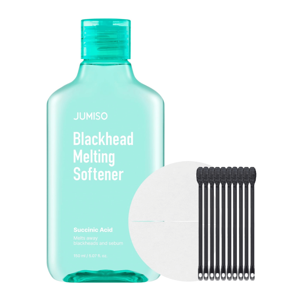 Produktikuva JUMISO Blackhead Melting Softener Special Set. Sisältää pullon, tyynyjä ja vanupuikkoja tehokkaaseen mustapäähoitoon.