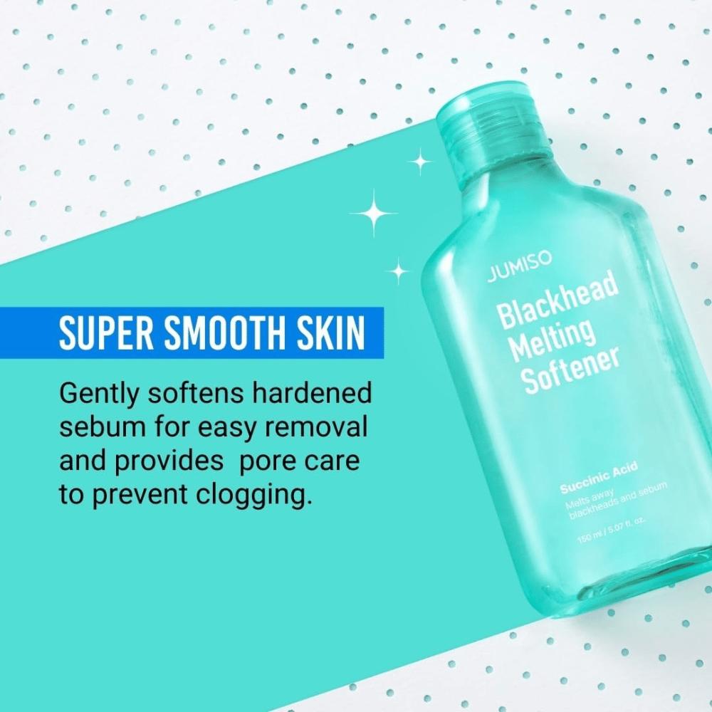 JUMISO Blackhead Melting Softener näytetään turkoosilla taustalla. Teksti korostaa, että tuote pehmentää talia ja ehkäisee tukkeutuneita ihohuokosia.
