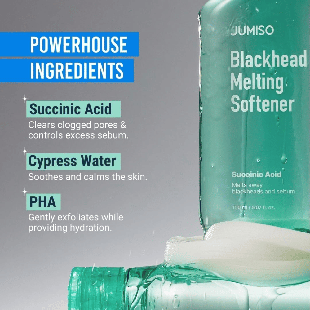 Lähikuva JUMISO Blackhead Melting Softener -pullosta. Teksti näyttää avainainesosat: meripihkahappo, sypressivesi ja PHA huokosten puhdistamiseen.