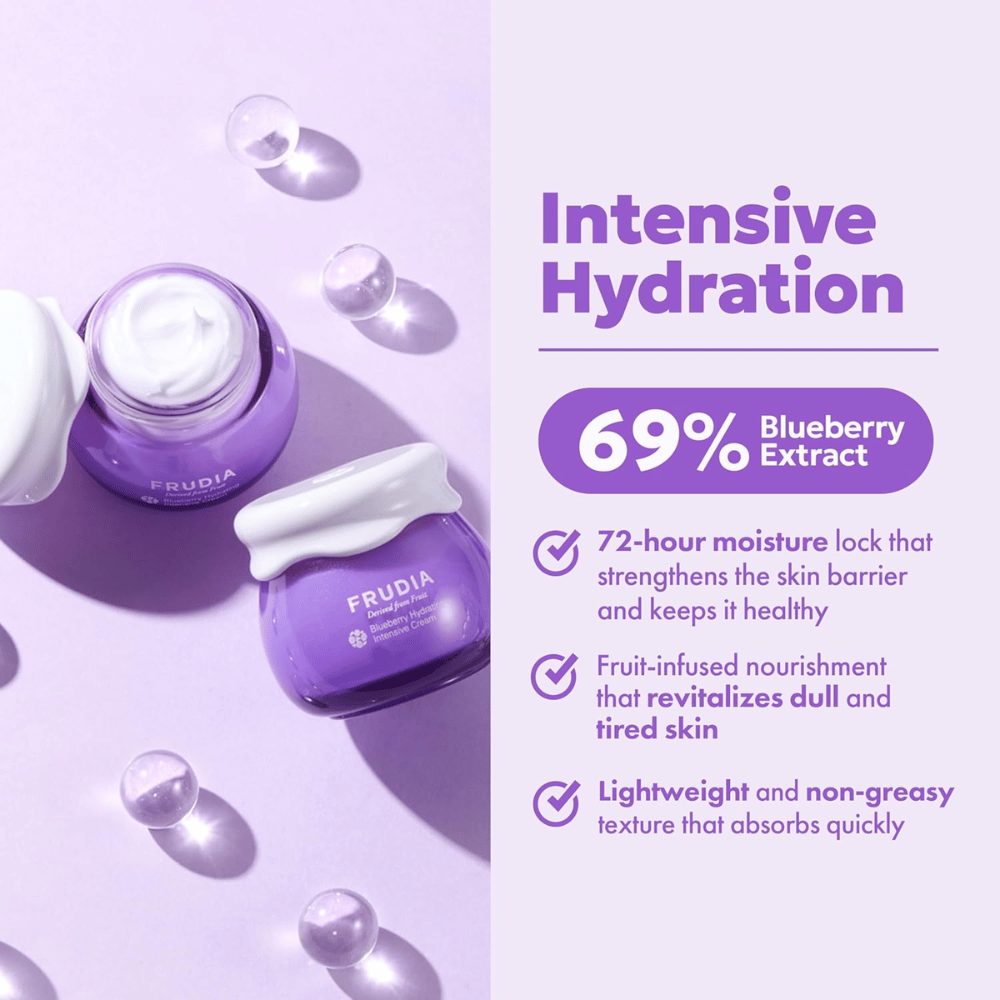 FRUDIA Blueberry Hydrating Intensive Cream intensiivisellä kosteutuksella, 69 % mustikkauutteella ja kermaisella koostumuksella kuivalle ja kosteusköyhälle iholle