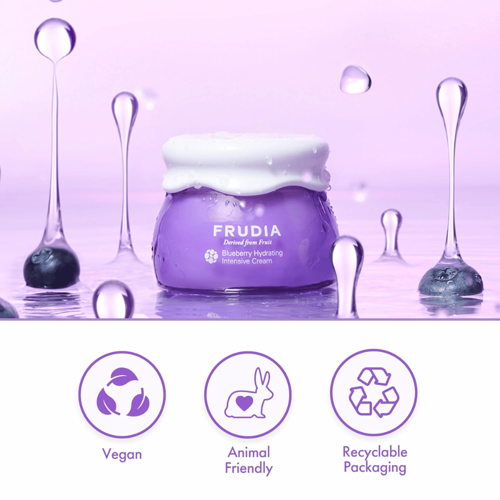 FRUDIA Blueberry Hydrating Intensive Cream vesipohjaisella vegaanisella koostumuksella, cruelty-free ominaisuuksilla ja kierrätettävällä pakkauksella