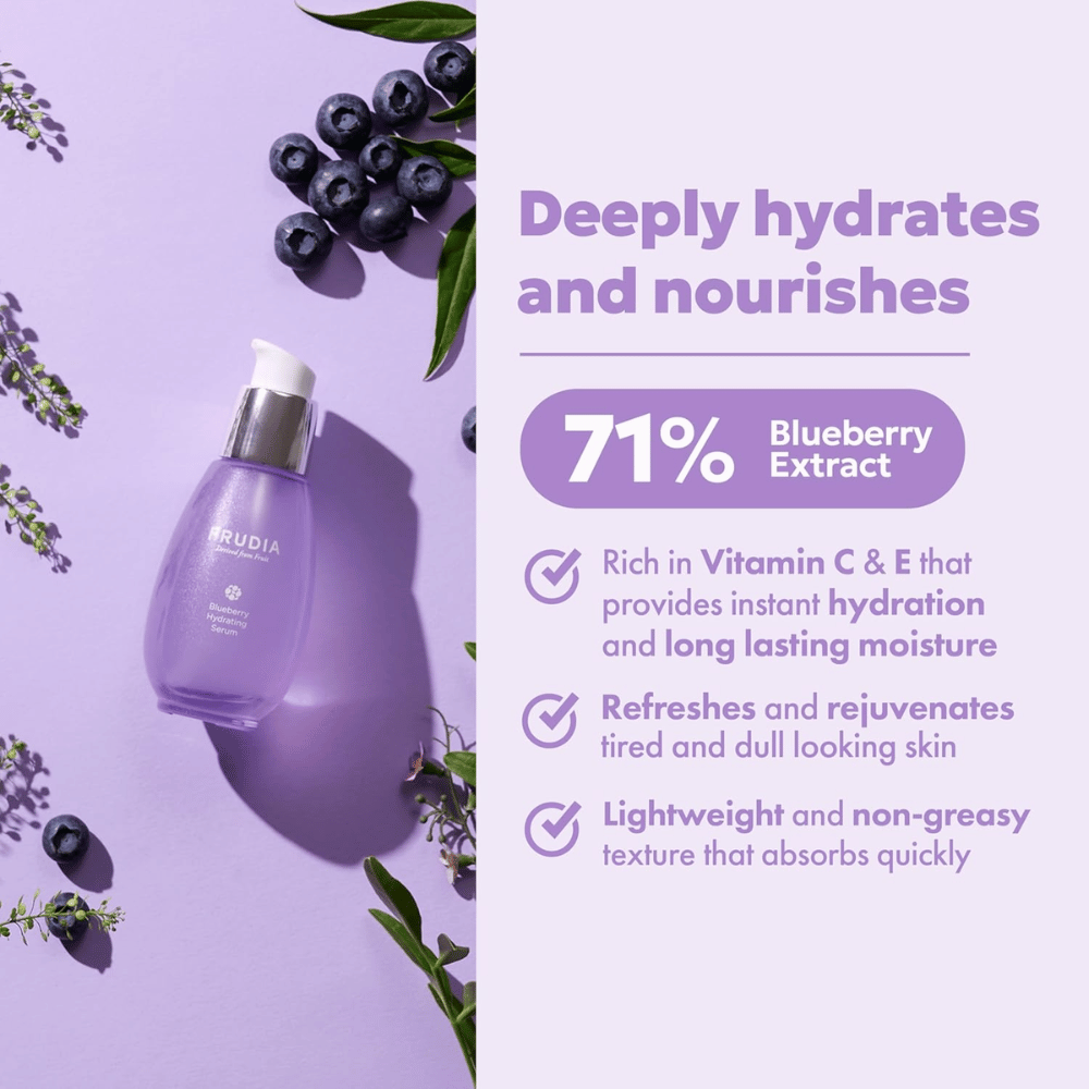 FRUDIA Blueberry Hydrating Serum 71 % mustikkauutteella, joka antaa intensiivistä kosteutusta, pitkäkestoista kosteutta, kevyen koostumuksen ja raikkaan hehkun kuivalle iholle.