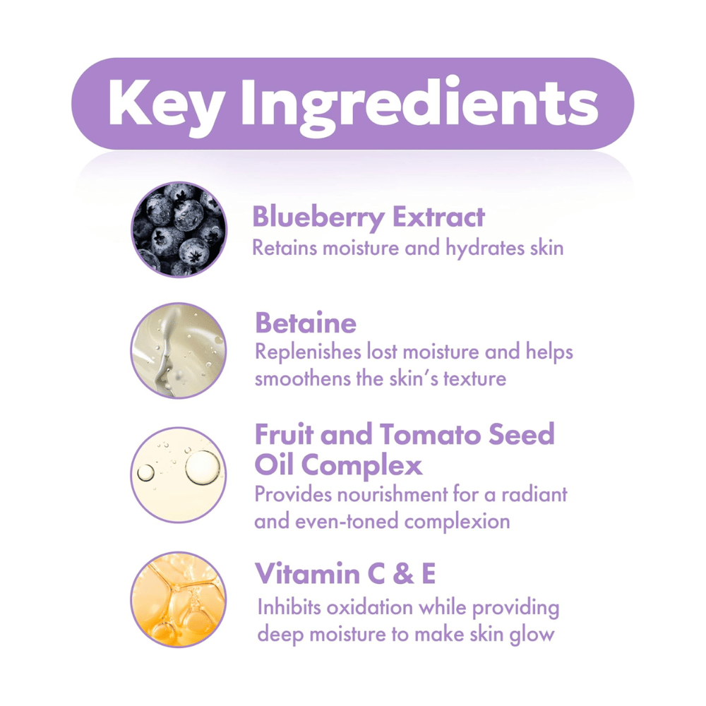 Avainainesosat FRUDIA Blueberry Hydrating Serum mustikkauutteella, betaiinilla, siemenöljykompleksilla sekä C- ja E-vitamiinilla kosteutetulle ja säteilevälle iholle.