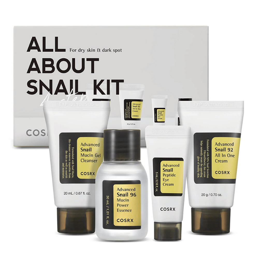 COSRX All About Snail Kit – korealainen ihonhoitoboxi, jossa on Snail Mucin Cleanser, Essence, Eye Cream ja All In One Cream kosteutukseen ja korjaukseen.