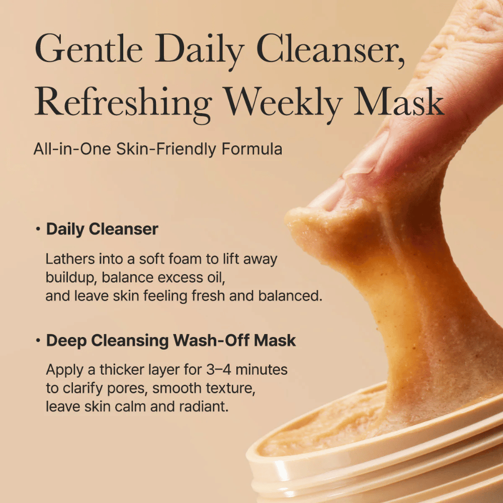 Lähikuva Arencia Calendula Rice Mochi Cleanser – all-in-one-kaava, joka toimii päivittäisenä puhdistusaineena ja syväpuhdistavana naamiona.