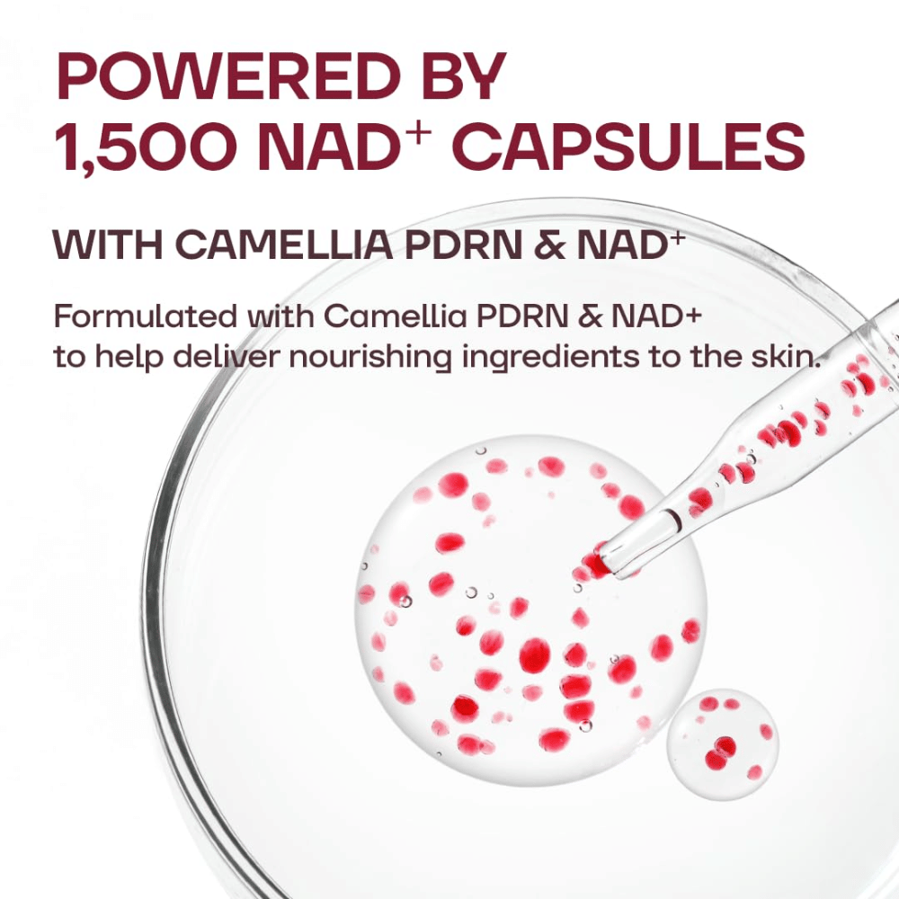 3. MISSHA Camellia PDRN NAD+ Firming Repair Serum – lähikuva seerumin läpinäkyvästä koostumuksesta, jossa on 1500 punaista NAD+ -kapselia