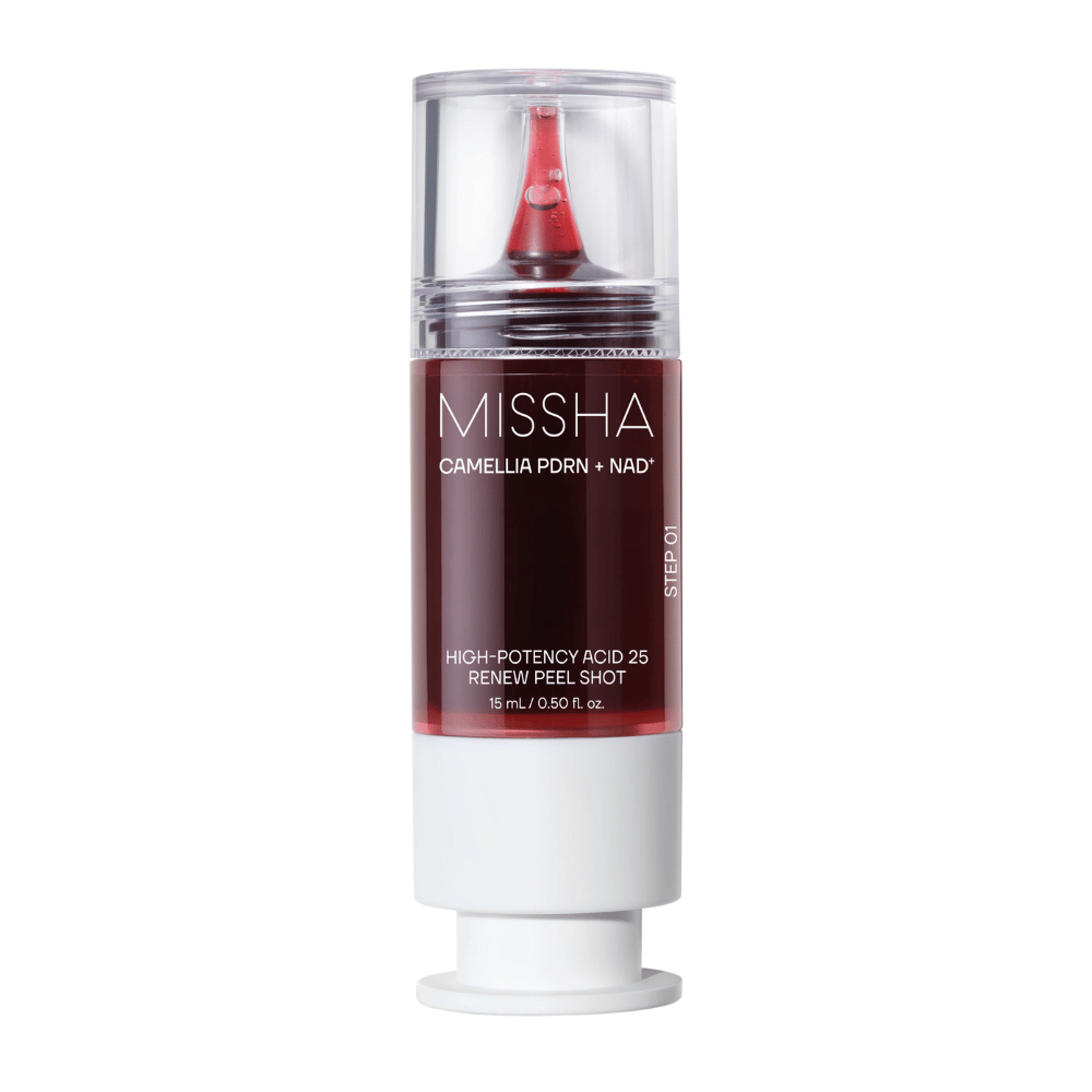 6. MISSHA Camellia PDRN NAD+ High-Potency Acid 25 Renew Peel Shot 15 ml – kuoriva kasvojen kuorinta punaisessa ja valkoisessa pakkauksessa