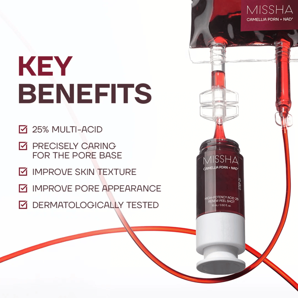 3. MISSHA Camellia PDRN NAD+ High-Potency Acid 25 Renew Peel Shot – kuoriva kasvohoito tasaisemman ihon rakenteen ja vähemmän näkyvien ihohuokosten saavuttamiseksi