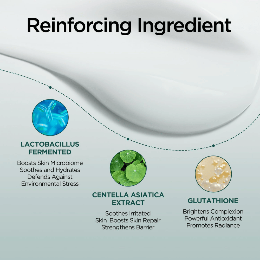 Tietokuva tuotteessa P.CALM Cato Cream olevista avainainesosista, mukaan lukien Lactobacillus Ferment, Centella Asiatica -uute ja Glutathione. Painopiste on rauhoittavissa, kosteuttavissa ja suojamuuria vahvistavissa ominaisuuksissa.