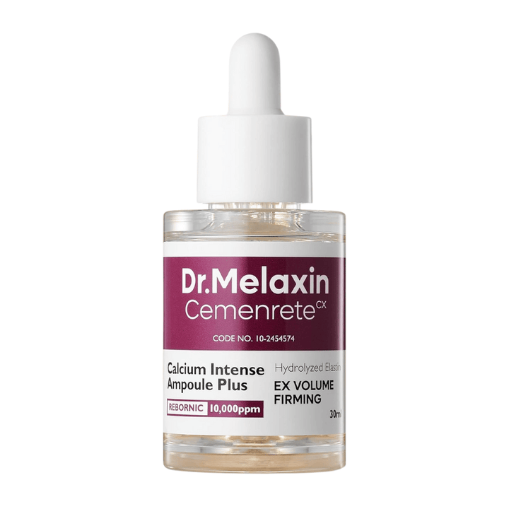 Tuotekuva Dr. Melaxin Cemenrete Calcium Intense Ampoule Plus lasipullossa pipetillä, korealainen anti-aging-ampulli, joka vahvistaa ihon rakennetta ja kimmoisuutta.