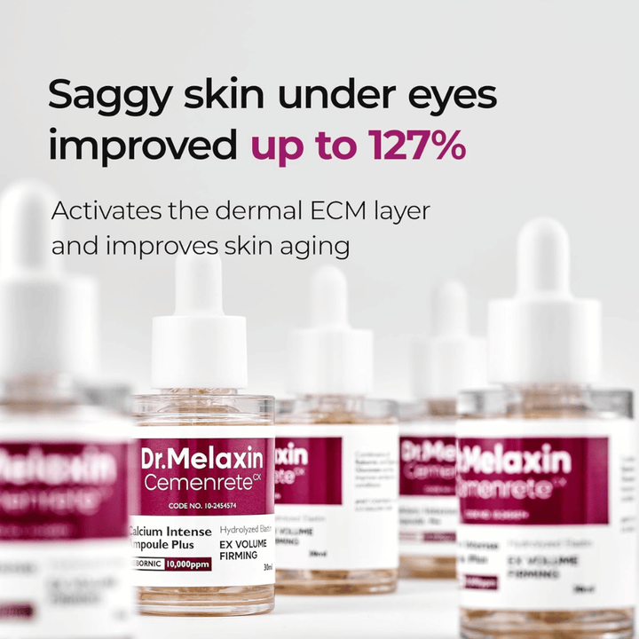 Dr. Melaxin Cemenrete Calcium Intense Ampoule Plus esitetään keskittyen ihon löystymisen parantamiseen silmien alla, joka aktivoi ihon ECM-kerroksen ja tukee anti-agingia.