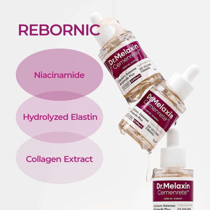 Dr. Melaxin Cemenrete Calcium Intense Ampoule Plus niacinamidilla, hydrolysoidulla elastiinilla ja kollageeniuuteella, kehitetty kiinteämmälle iholle ja parantamaan elastisuutta.