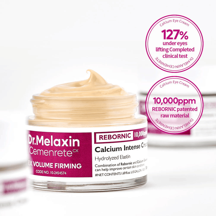 Dr.Melaxin Cemenrete Calcium Intense Cream kliinisten markkereiden kanssa, näyttää 10 000 ppm Rebornic ja testitulokset kiinteyttävästä ja tilavuutta antavasta vaikutuksesta.