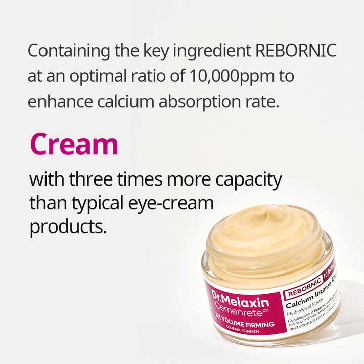 Dr.Melaxin Cemenrete Calcium Intense Cream informaatiografiikan kanssa Rebornic 10 000 ppm:stä, kasvovoide, joka parantaa kalsiumin imeytymistä ja ihon kimmoisuutta.