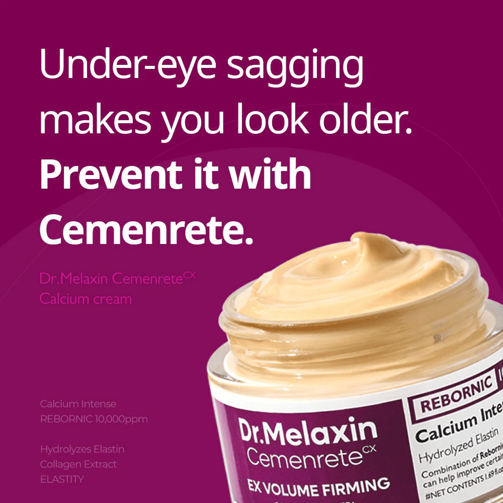 Dr.Melaxin Cemenrete Calcium Intense Cream tekstiviestillä silmien alla kiinteyttämisestä, kuvaa voiteen keskittymistä kiinteyteen, tilavuuteen ja löystyneen ihon ehkäisyyn.