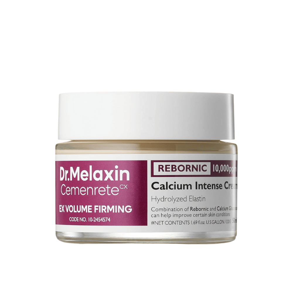 Dr.Melaxin Cemenrete Calcium Intense Cream purkissa valkoista taustaa vasten, kasvovoide, jossa on kalsiumia, Rebornic ja hydrolysoitua elastiinia kiinteämmälle ja täyteläisemmälle iholle.