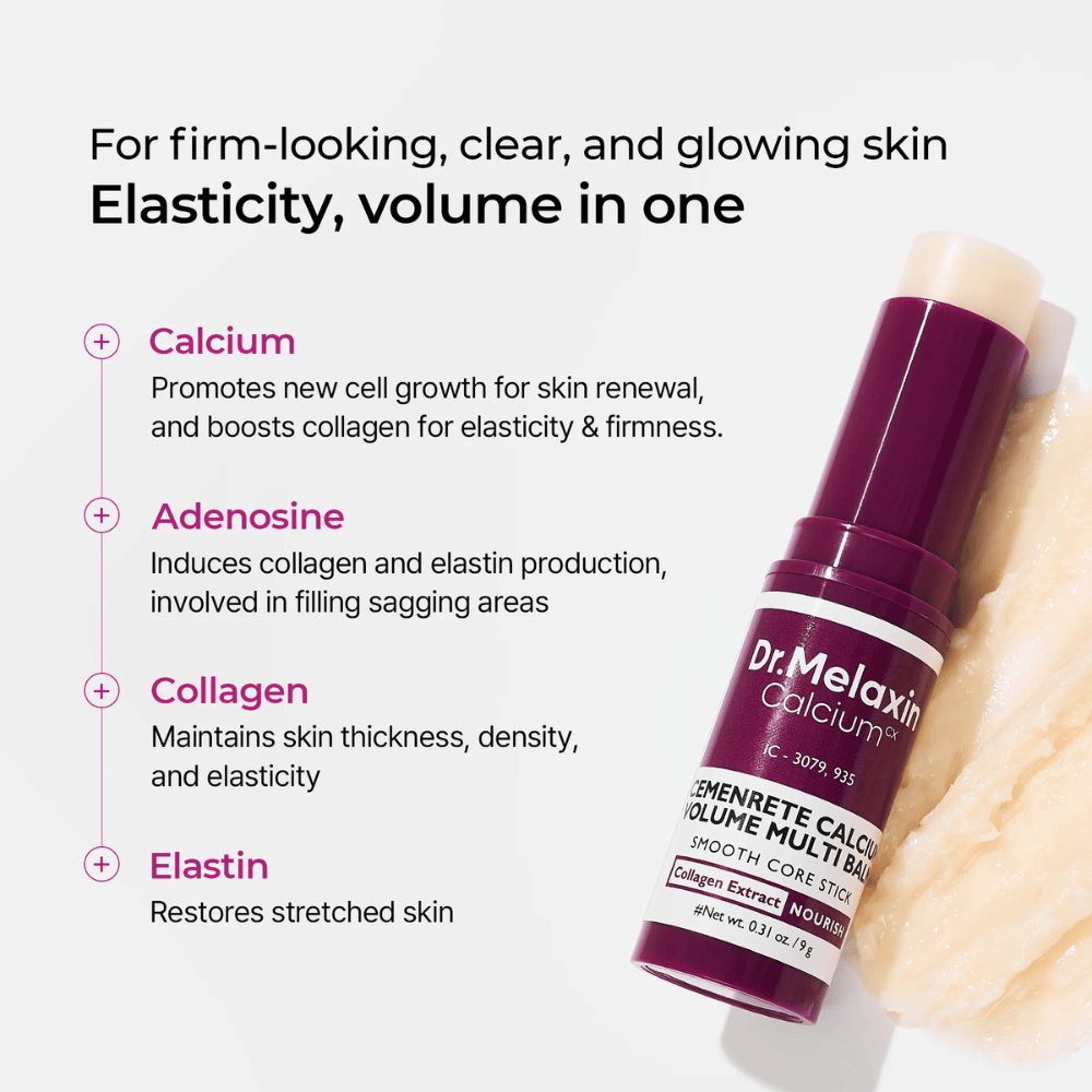 Dr. Melaxin Cemenrete Calcium Volume Multi Balm kalsiumilla, adeniinilla, kollageenilla ja elastaanilla lisäämään elastisuutta, kiinteämpää ihoa ja parantamaan ihon rakennetta.