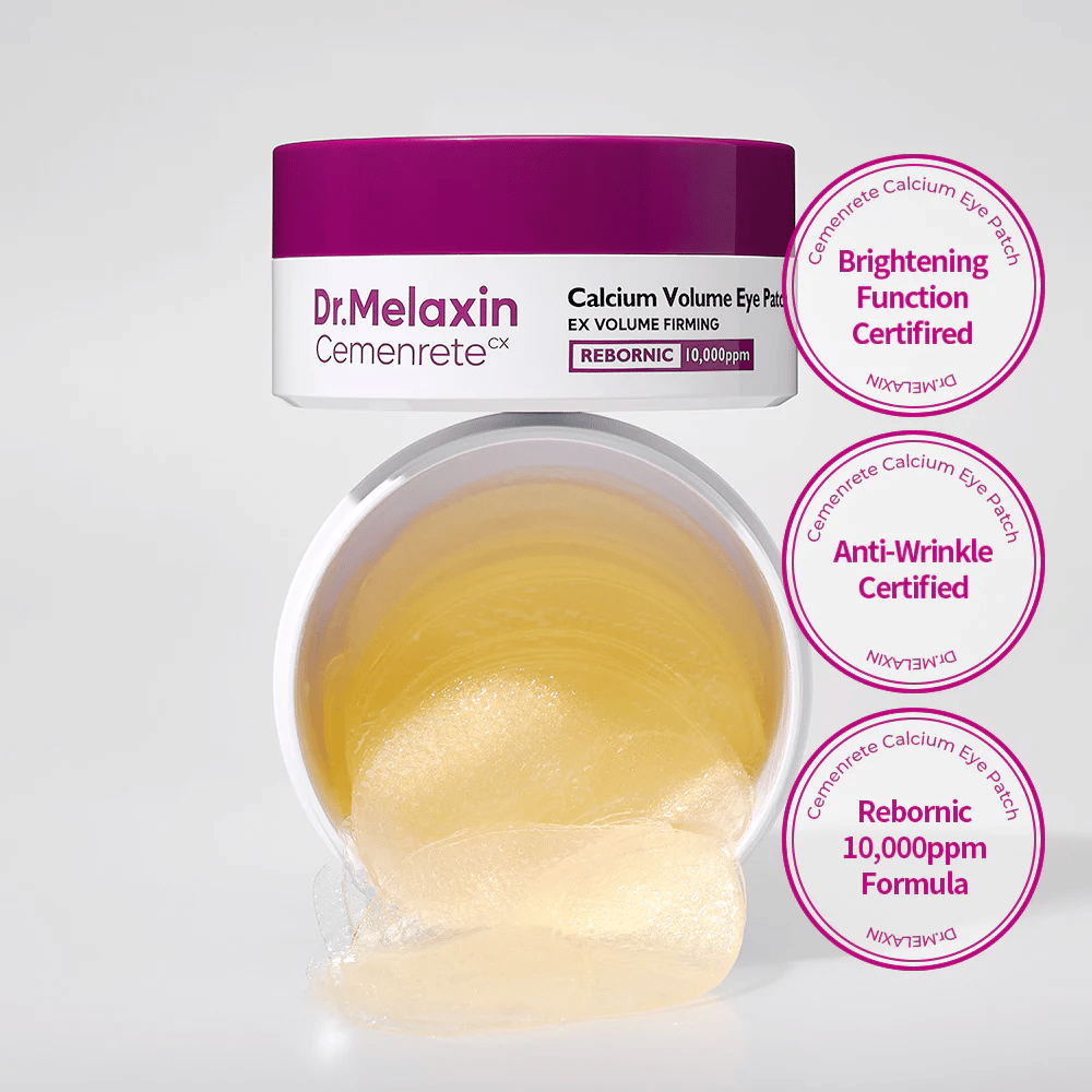 Avoin purkki hydrogeelinaamion paloja Dr. Melaxin Cemenrete Calcium Volume Eye Patch Rebornic 10 000 ppm:llä, sertifioitu anti-ryppy- ja kirkastavaan vaikutukseen.