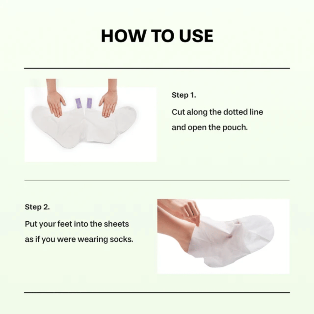 2. Baren Centella Deep Soothing Ritual Foot Mask – vaihe 1 ja 2, jotka näyttävät, kuinka pakkaus avataan ja jalkanaamiot puetaan sukkiin